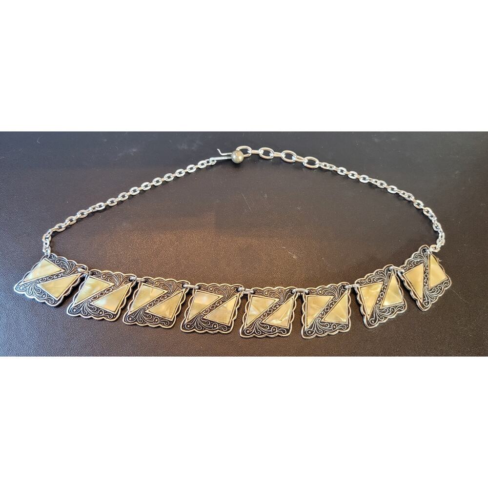 Vintage Art Deco Geometric Necklace, Mother of Pearl w/ Inlaid Filigree, Germany